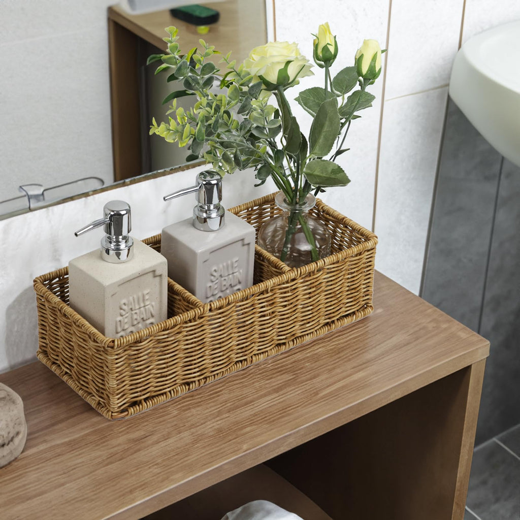 Waterproof Wicker Bathroom Basket with 3 Compartments, Light Brown
