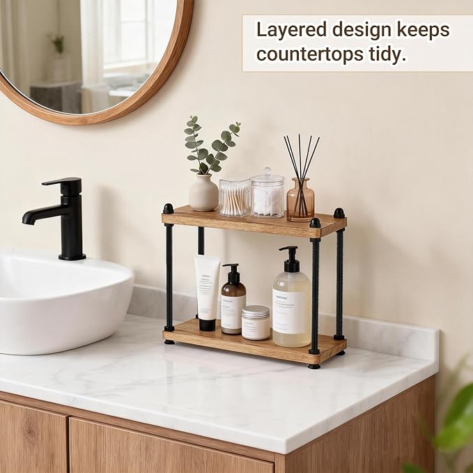 Mkono Bathroom Counter Organizer, 2 Tier Rustic Wood Countertop Sink Shelf