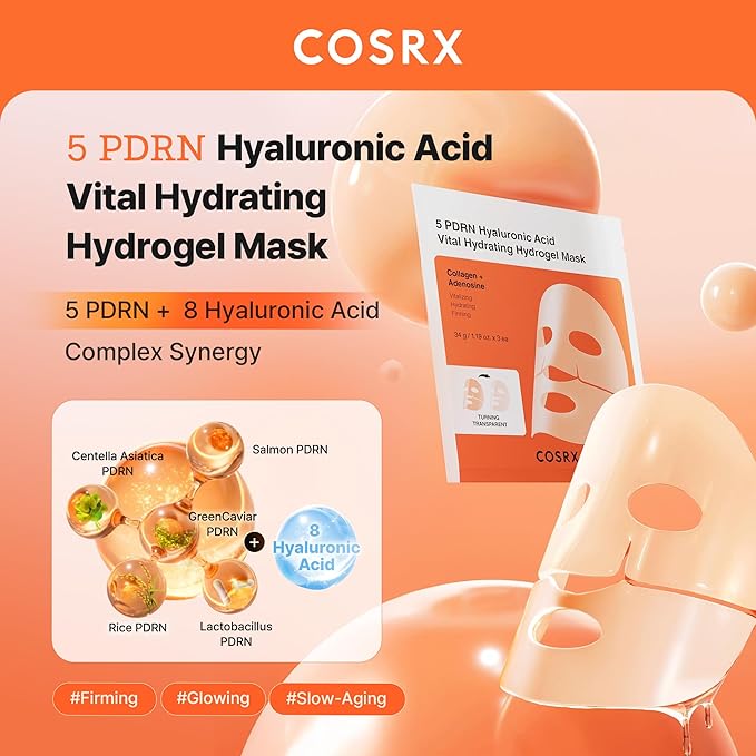 COSRX 5 PDRN Hyaluronic Acid Vital Hydrating Hydrogel Mask, Overnight Hydrogel Face Mask for Glass Glow Skin & Firming with Salmon DNA, Centella PDRN, Travel Essential, Korean Skin Care (34g x 3ea)