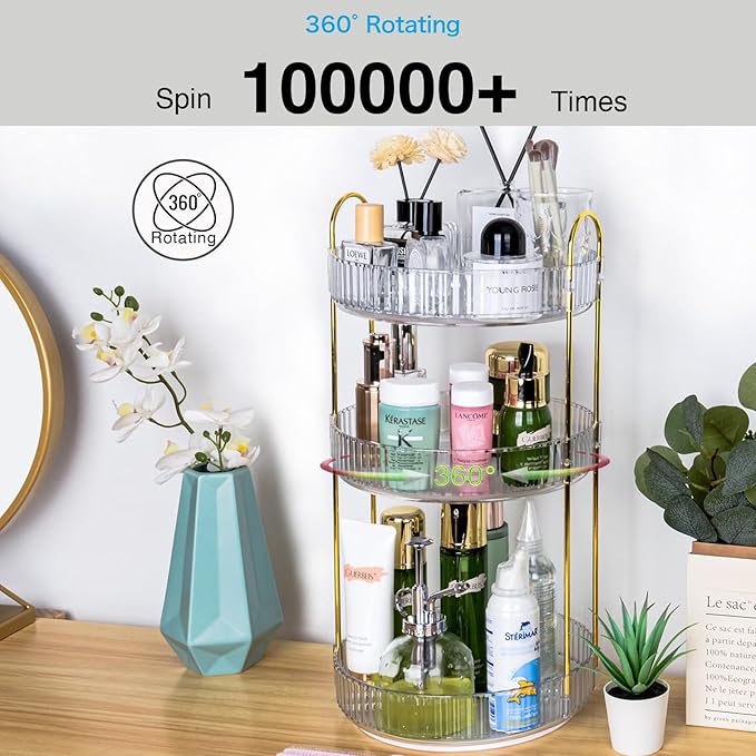 Niluks 360 Rotating Makeup Organizer, 3 Tier Large Capacity Lazy Susan Bathroom Counter Organizer, Skincare Organizers, Spinning Perfume Organizer & Vanity Organizer Countertop (Golden Clear, 3 Tier)