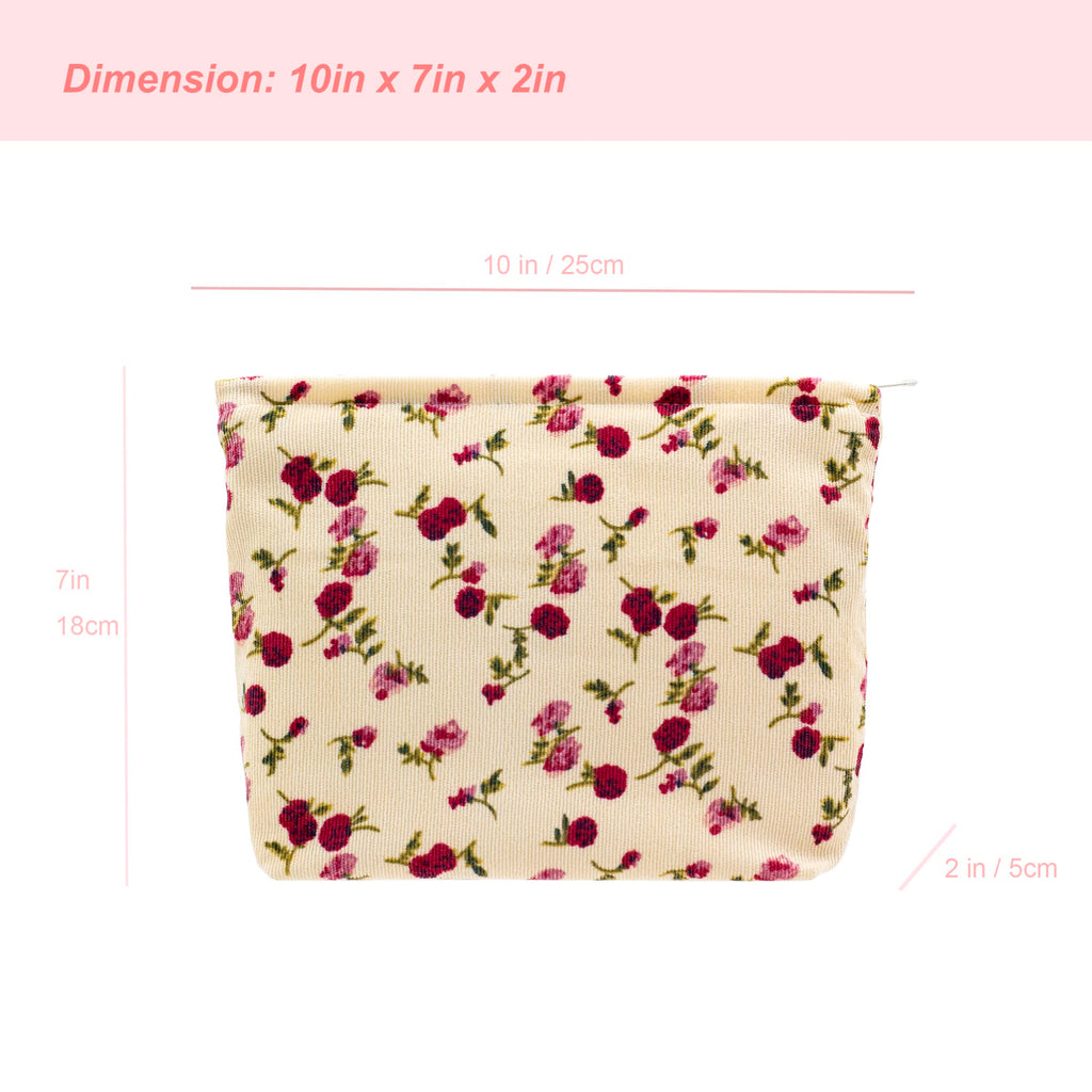 PAZIMIIK Makeup Bag Large Zipper Corduroy Make Up Pouch for Purse Travel Canvas Cosmetic Organizer for Women Brush Storage,Vintage Rose Beige