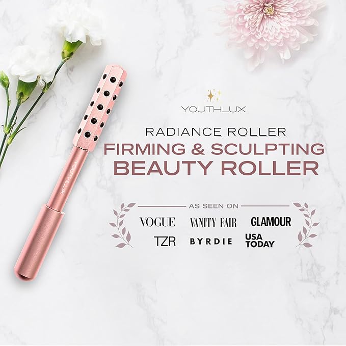 YOUTHLUX Radiance Roller – Germanium Stone Facial Massage Tool/Wand Face Roller for Lifting, Sculpting, De-Puffing, Glow Boost, Energizing & Cooling Effect (Rose Gold)