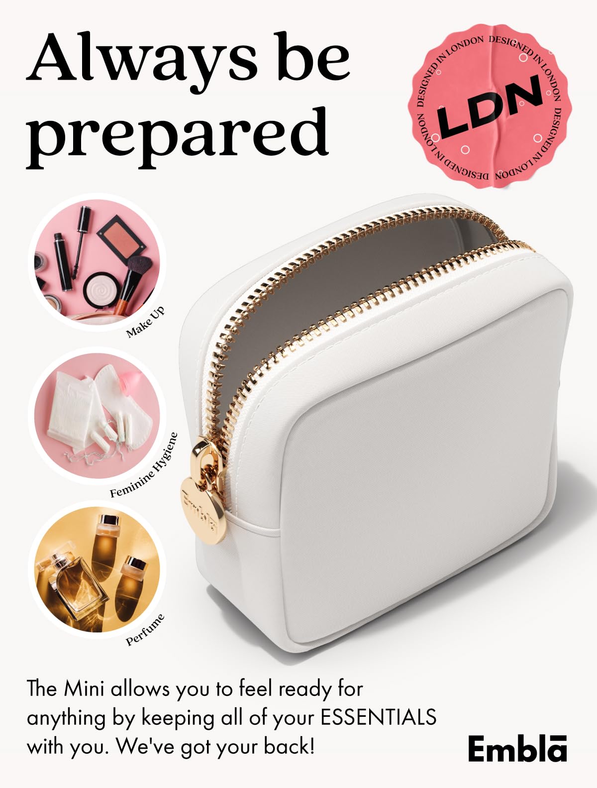 Embla Small Makeup Bag for Purse, Mini Waterproof Nylon Cosmetic Pouch, Durable and Lightweight Travel Toiletry Bag with Smooth Zipper, White