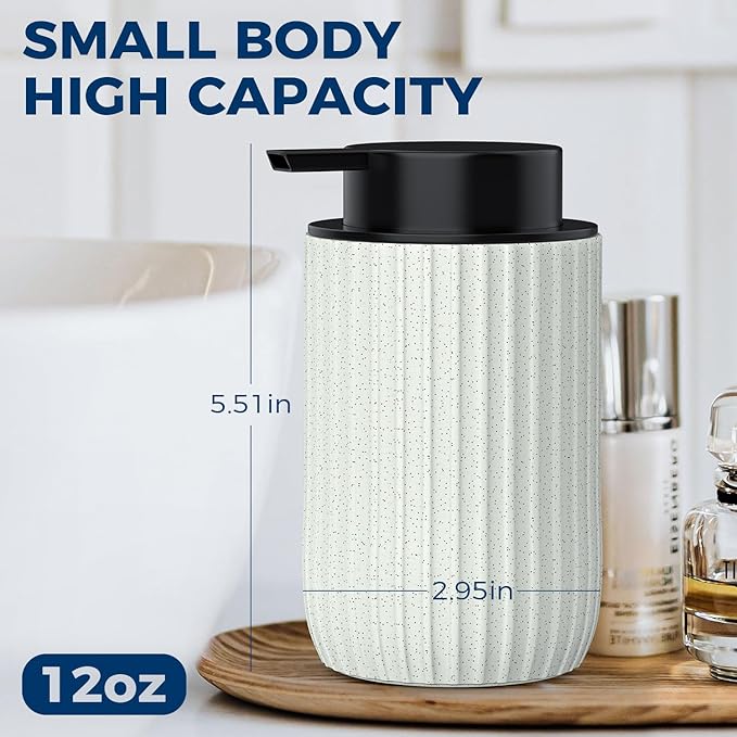 POSOSTO Ceramic Foaming Hand Soap Dispenser，12 oz Bathroom Soap Dispensers， Lotion Dispenser for Kitchen, Refillable Matte Streaks Soap Dispenser with Large Pump (Beige-2Pack)
