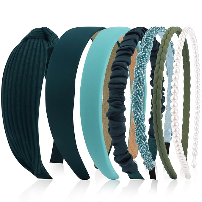 VELSCRUN Headbands for Women 7 Pcs Different Forest Green Knotted Solid Pearl Head Bands Non Slip Hair Band for Womens Gilrs Thin Thick Short Hair Fashion Accessories