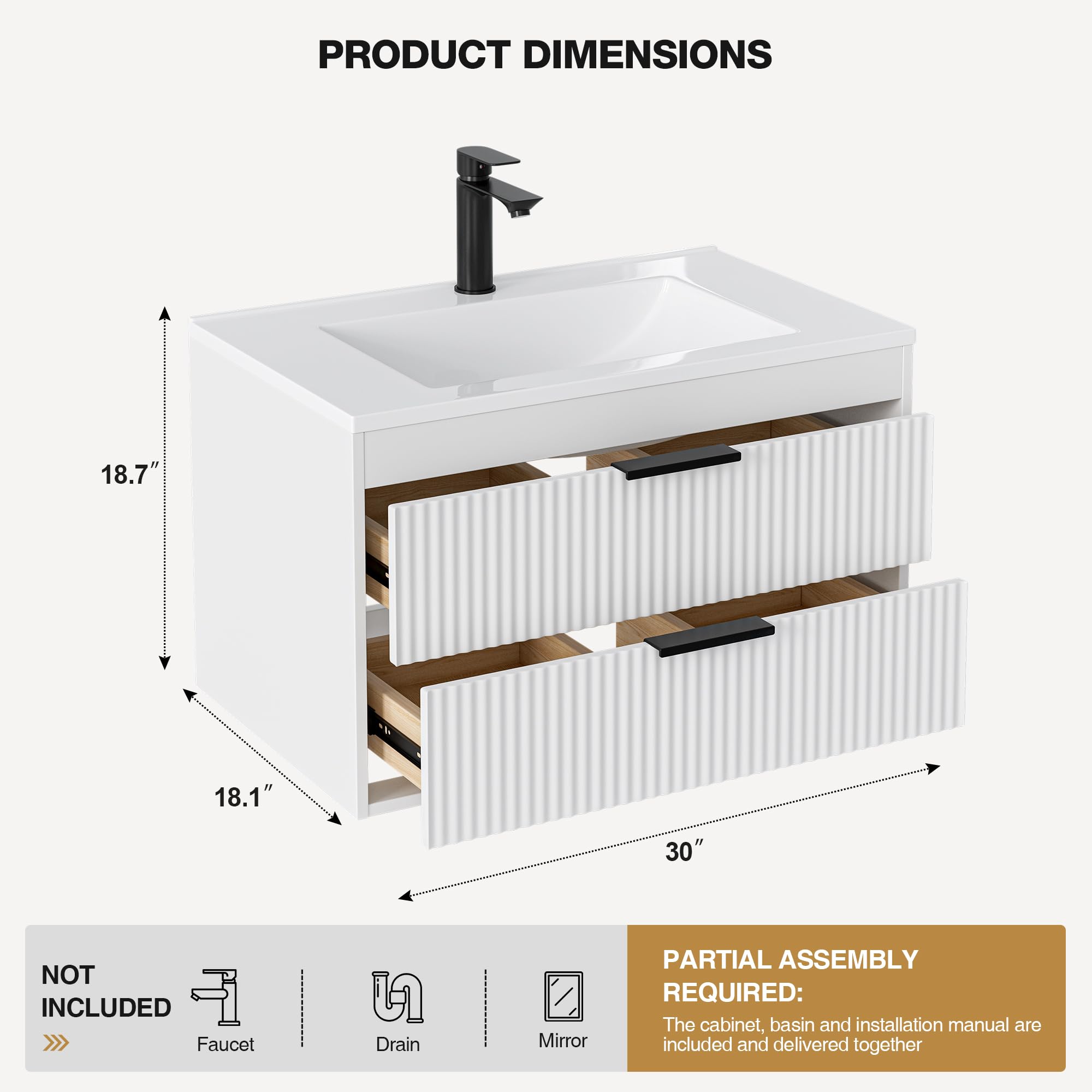 30 Inches Modern MDF Bathroom Vanity with Sink, Wall Mounted Floating Cabinets w/Double Drawers, Black Handles, White Resin Sink Combo Set (White, 30")