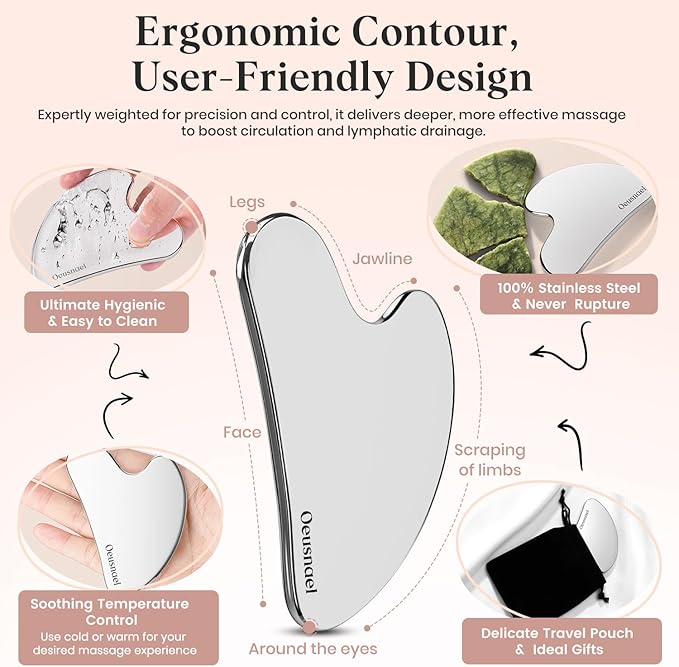 Oeusnael Stainless Steel Gua Sha Facial Tools, Lymphatic Drainage Massager for Face, Face Sculpting & Jawline Shaper, Puffiness Reducing, Neck Body Guasha Tool, Skin Care Gift for Women Men with Pouch