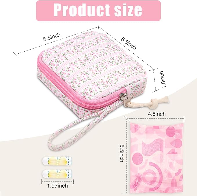 Chicarries Small Makeup Bag | Discreet Period Bag Pad Pouch for Purse| Sanitary Napkin Storage & Tampon Holder for Travel (Cute flower pink)