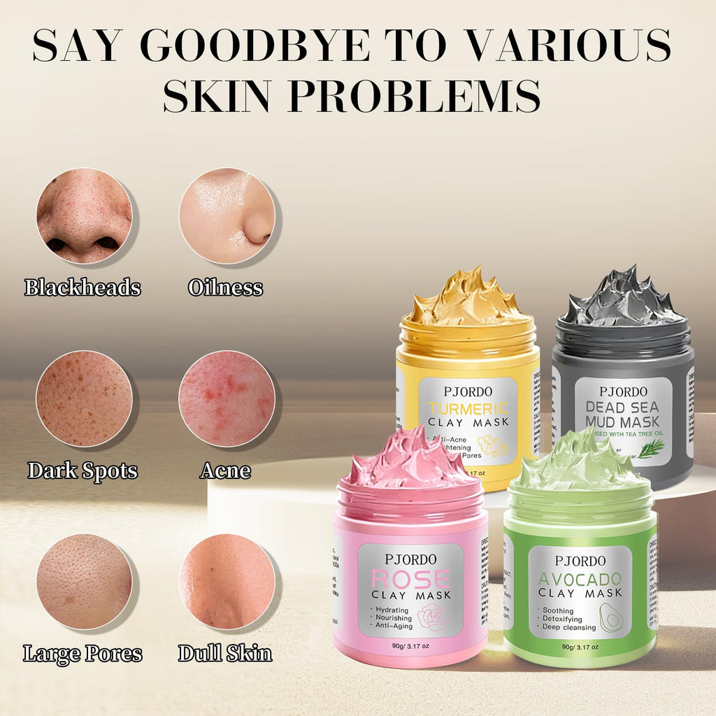 Pjordo 4 Pcs Clay Mask for Face(360g in Total), Turmeric Vitamin C, Dead Sea Mud, Green Tea Avocado, Rose, Face Masks Skincare for Pore Cleansing, Facial Masks for Women Skin Care, 3.17 Oz Each