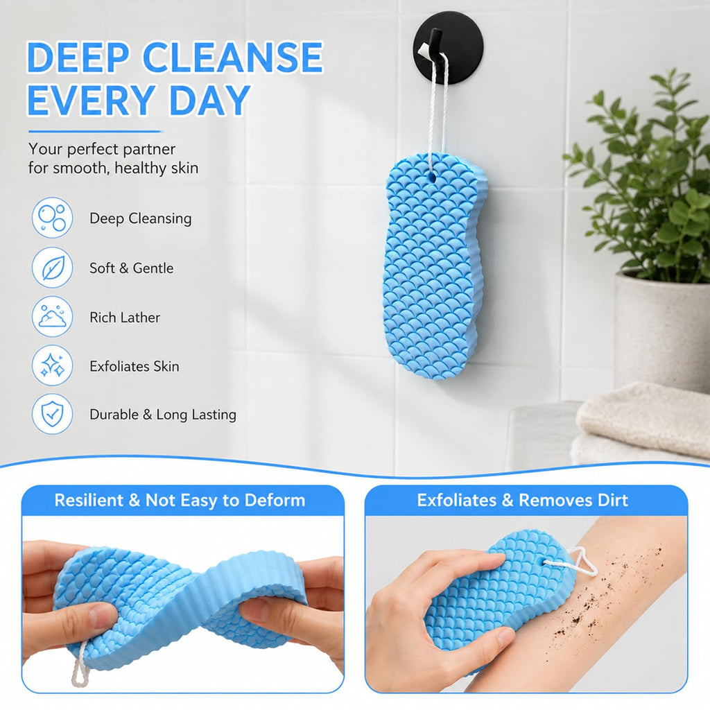 4-Pack Exfoliating Bath Sponges – Super Soft Shower Sponge Set for Adults & Kids, Gentle Dead Skin Remover, Assorted Colors (Pink, Blue, White, Gray)