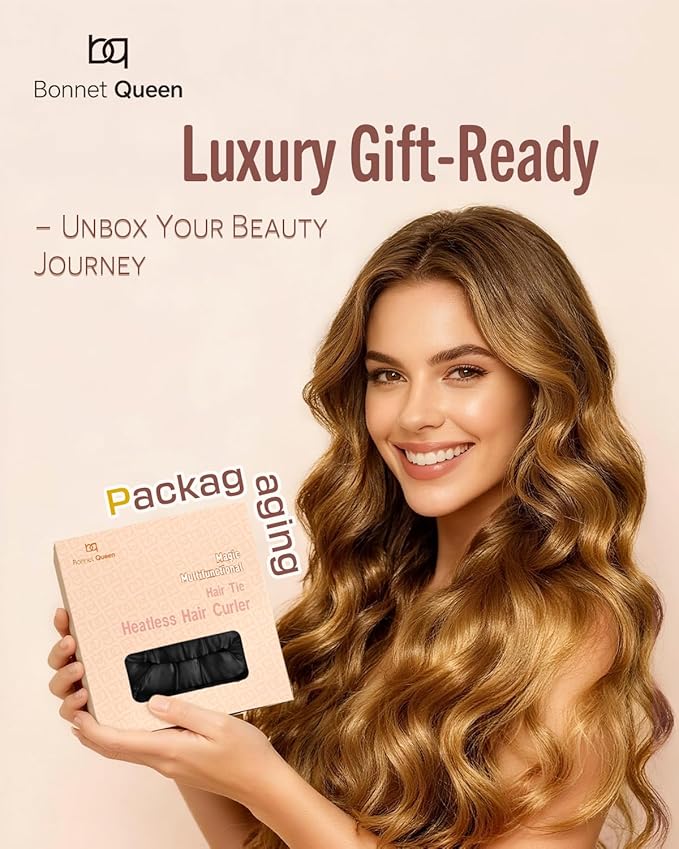 BONNET QUEEN 2 Pack Medium Satin Heatless Hair Curler for Medium to Long Thick Hair, Heatless Curls Overnight, Hair Curlers to Sleep In, Damage-Free Waves with Built-in Scrunchie, Black