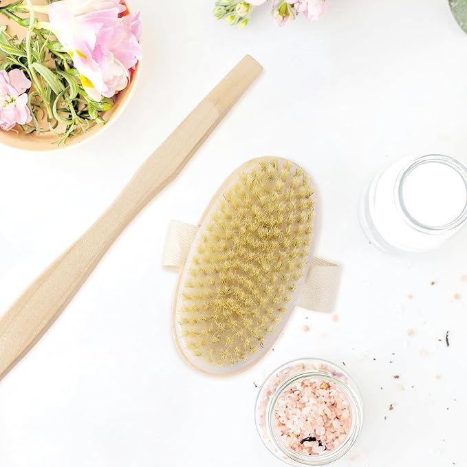 2 Pack Detachable Bath Bristle Brush, Wood Long Handle Dry Brushing Body Brush for Shower