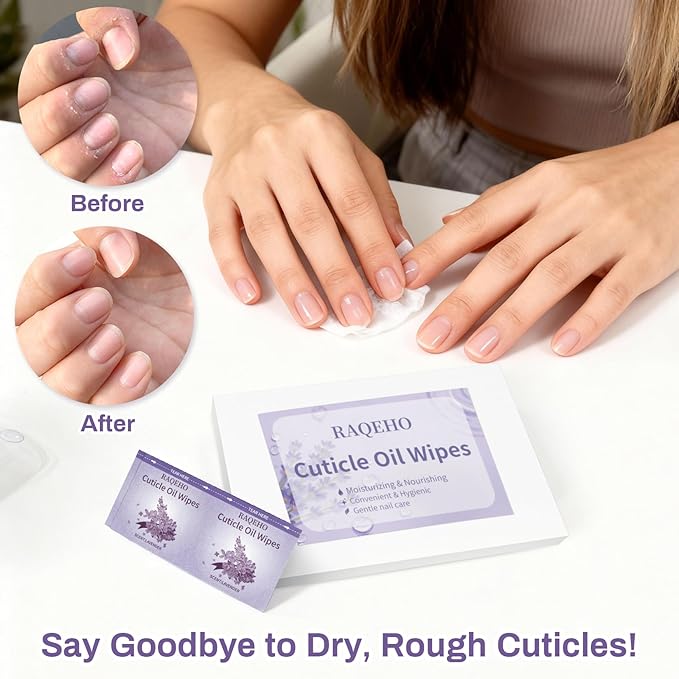 RAQEHO 100pcs Cuticle Oil for Nails - Lavender Nails Oil Wipes Travel Size Cuticle Oil Aceite Para Cuticula for Weak, Dry, Damaged Nail, Hand Care Products, Technician Essentials, Sensitive Skin
