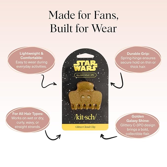 Kitsch x Star Wars C-3PO Glitter Medium Hair Clip for Women – Golden Droid Galaxy-Inspired Claw Clip | Recycled Plastic, Strong Secure Grip | Hair Accessories for Girls, 1pc