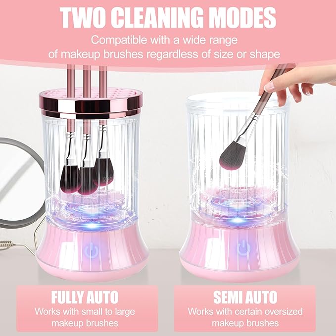 Electric Makeup Brush Cleaner Machine, USB Powered Automatic Spinning Makeup Brush Cleaner with 2 Cleaning Modes, Portable Brush Cleaner for Deep Cleaning Cosmetic Brushes, Pink