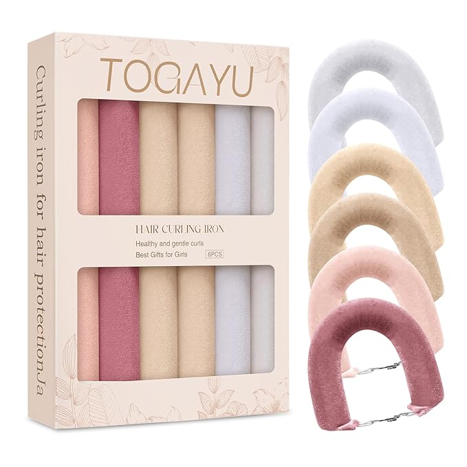 Togayu Heatless Curling Rods for Overnight Curls - Jumbo Soft Hair Rollers to Sleep in, No-Damage Flexi Rods with Silk Scarf - For All Hair Types and Texture - 6pcs
