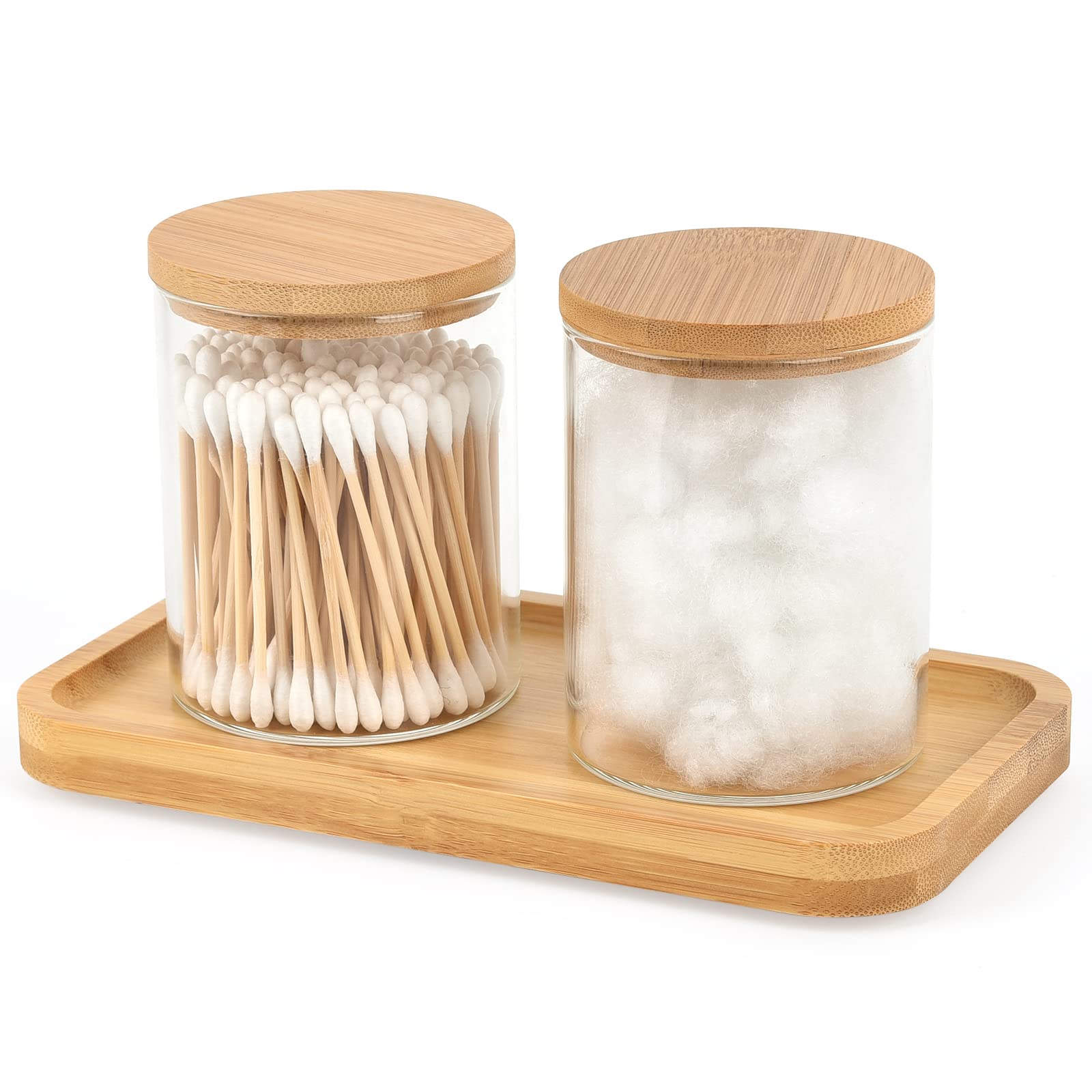 BKYFPQ Bamboo Vanity Tray, Bathroom Tray Organizer Glass Qtip Holder Dispenser Apothecary Jars for Cotton Swabs Balls, Round Pad, Perfume Candles, Cosmetics and Jewelry Storage Organizer