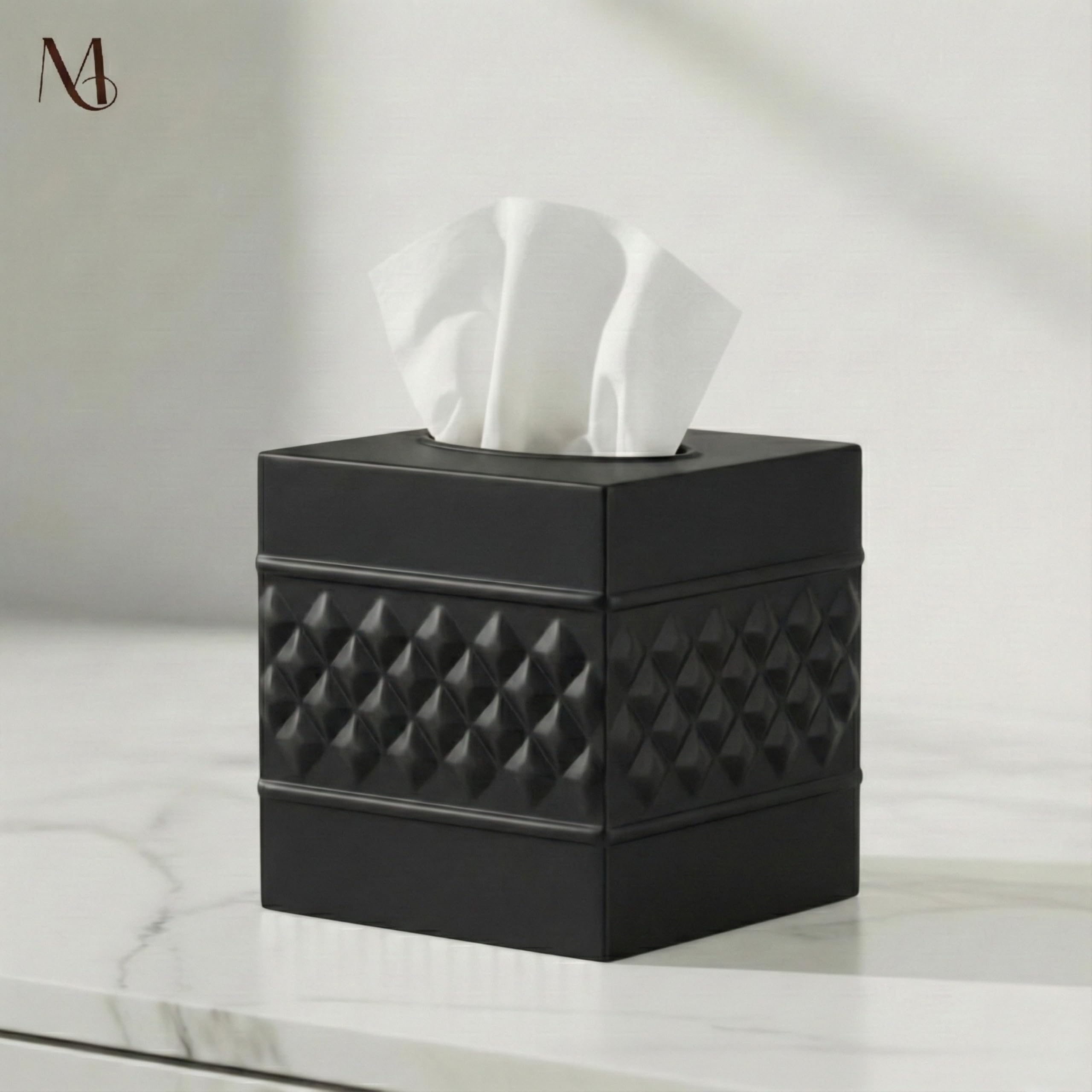 Monarch Abode Tissue Box Cover Square – Handcrafted Geo Embossed Black Metal Tissue Holder Box for Bathroom Accessory, Aesthetic Decorative Facial Napkin Cube for Modern Home Décor