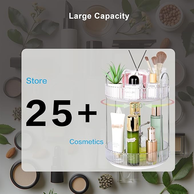 Niluks 360 Rotating Makeup Organizer, 2 Tier Lazy Susan Bathroom Counter Organizer, Skincare Organizers, Spinning Perfume Organizer & Vanity Organizer Countertop (Silver Clear, 2 Tier)