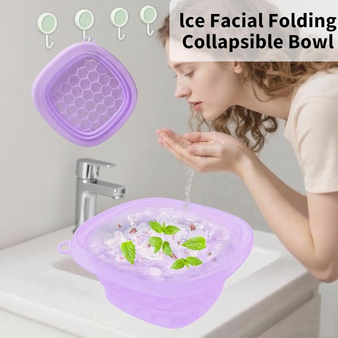 EBIGIC Face Bowl for Ice with Built-in IceTray,Collapsible Silicone Face Ice Bowl – Cold Plunge Therapy for Skin Tightening & Facial Treatment– Portable Spa Tool for Home & Travel（Purple)