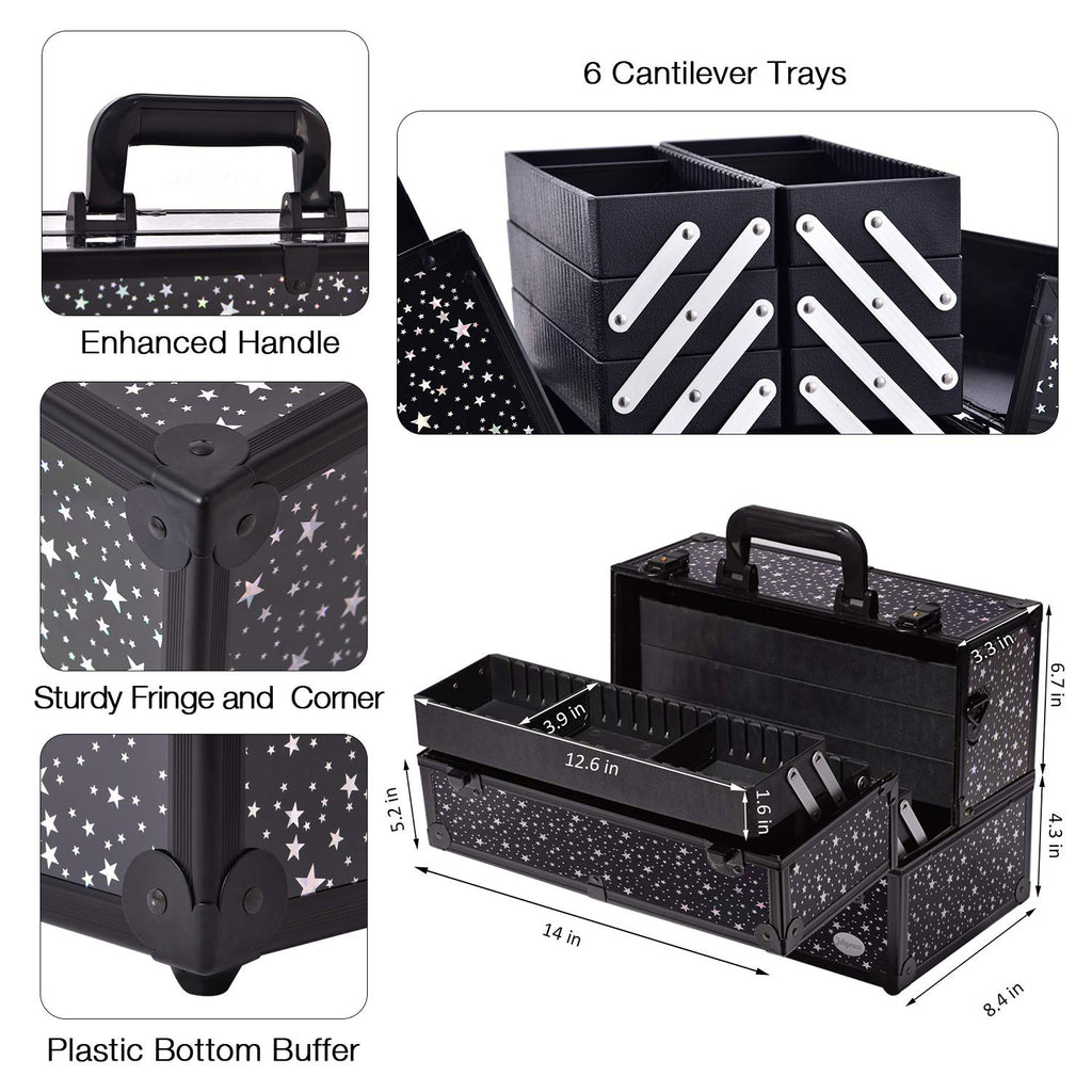 Makeup Case 6 Trays Large 14" x 8.5" x 11" Train Cases Cosmetic Organizer Storage Box by Joligrace - Star Pattern