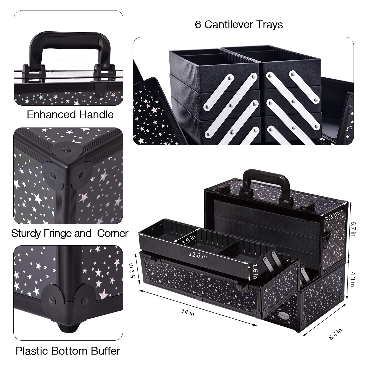 Makeup Case 6 Trays Large 14" x 8.5" x 11" Train Cases Cosmetic Organizer Storage Box by Joligrace - Star Pattern