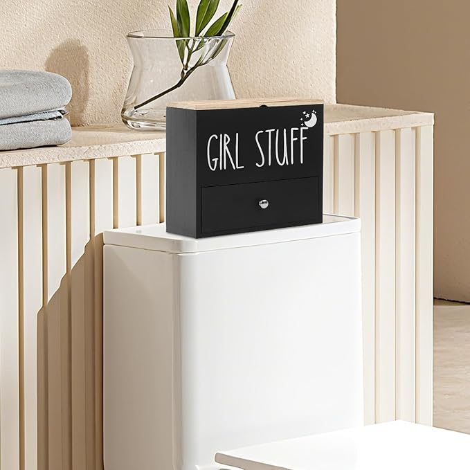 Tampon Holder for Bathroom, Feminine Product Organizer Pad Case with Lid, Pad and Tampon Organizer, Bathroom Accessories Box for Girl Stuff (Black with Drawers)