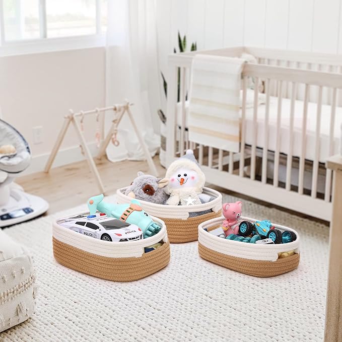 HLWDFLZ 7 Piece Cotton Rope Woven Basket Set - Small Basket for Baby Nursery, Pets, Montessori, Dog & Cat Toy Boxes, Bathroom Organization Bins (White/Jute)