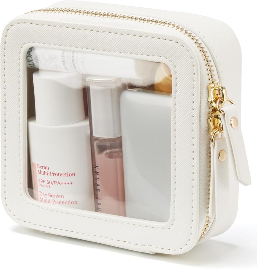Small Cosmetic Bag for Purse Mini Makeup Bag for School Cute Clear Make Up Pouch for Travel Tiny Leather White Make Up Organizer Case for Backpack Toiletry Bag Waterproof Square Pouch with Zipper