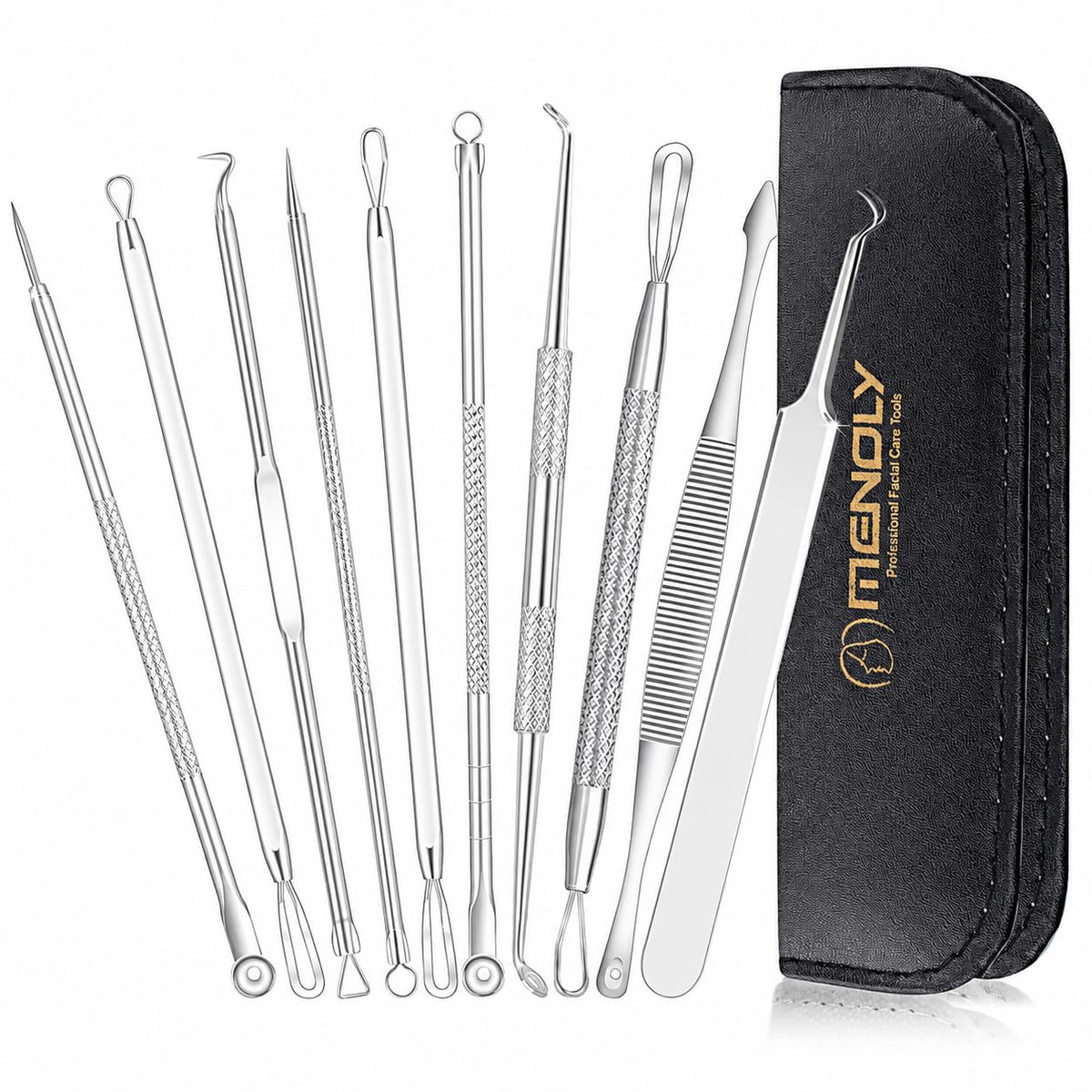 Pimple Popper Tool Kit, MENOLY 10 Pcs Blackhead Remover Comedone Extractor Acne Removal Kit for Blemish, Whitehead Popping,Zit Removing for Nose Face Tools with a Leather Bag (Rose Gold)