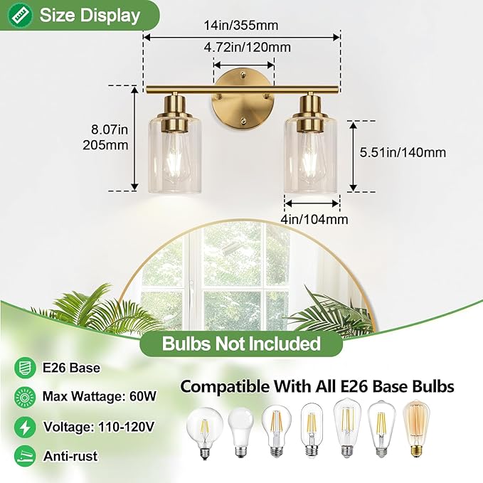 Zarbitta 2-Light Bathroom Light Fixtures, Brushed Gold Vanity Light, Modern Vanity Lights with Clear Glass Shade, Bathroom Wall Lamp for Mirror Kitchen Living Room Hallway Cabinet Porch