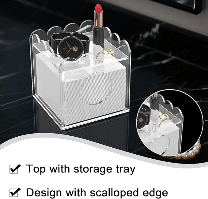 LUGUNU Acrylic Tissue Box Holder, Clear Square Tissue Box Cover with Storage Tray, Modern Decorative Tissue Holder for Living Room, Bathroom and Office, 5.5x5.5x5.5 Inch