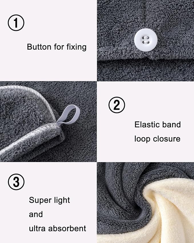 Hair Towel Wrap 4 Pack for Women - Microfiber Fast Dry Turban, Anti Frizz Button Design, Lightweight Absorbent Hair Cap for Straight/Curly/Long Hair, 25cm x65cm Travel Towel (4 Colors)