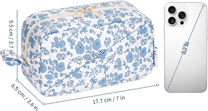 Narwey Small Makeup Bag for Purse Travel Makeup Pouch Mini Cosmetic Bag Zipper Pouch for Women (Blue Flower, Small)