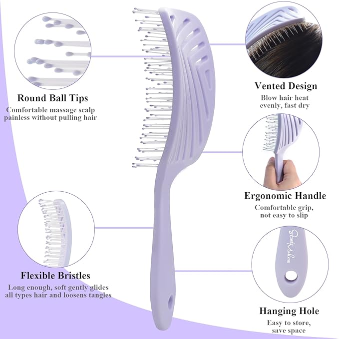 START MAKERS Hair Brush, Professional Vented Detangling Brush for Wet & Dry Curly Thick Straight Hair, Women Men Wide Paddle Brush Curved Detangler Hairbrush Lavender Purple