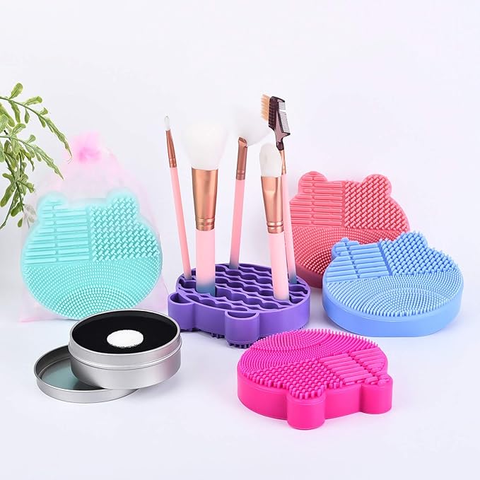 Silicon Makeup Brush Cleaner Mat with Brush Drying manual Make up brush cleaner cleanser machine Cosmetic Brush Cleaning Pad+Makeup Brush Dry Cleaned Quick Color Removal Sponge Scrubber Tool(Purple)
