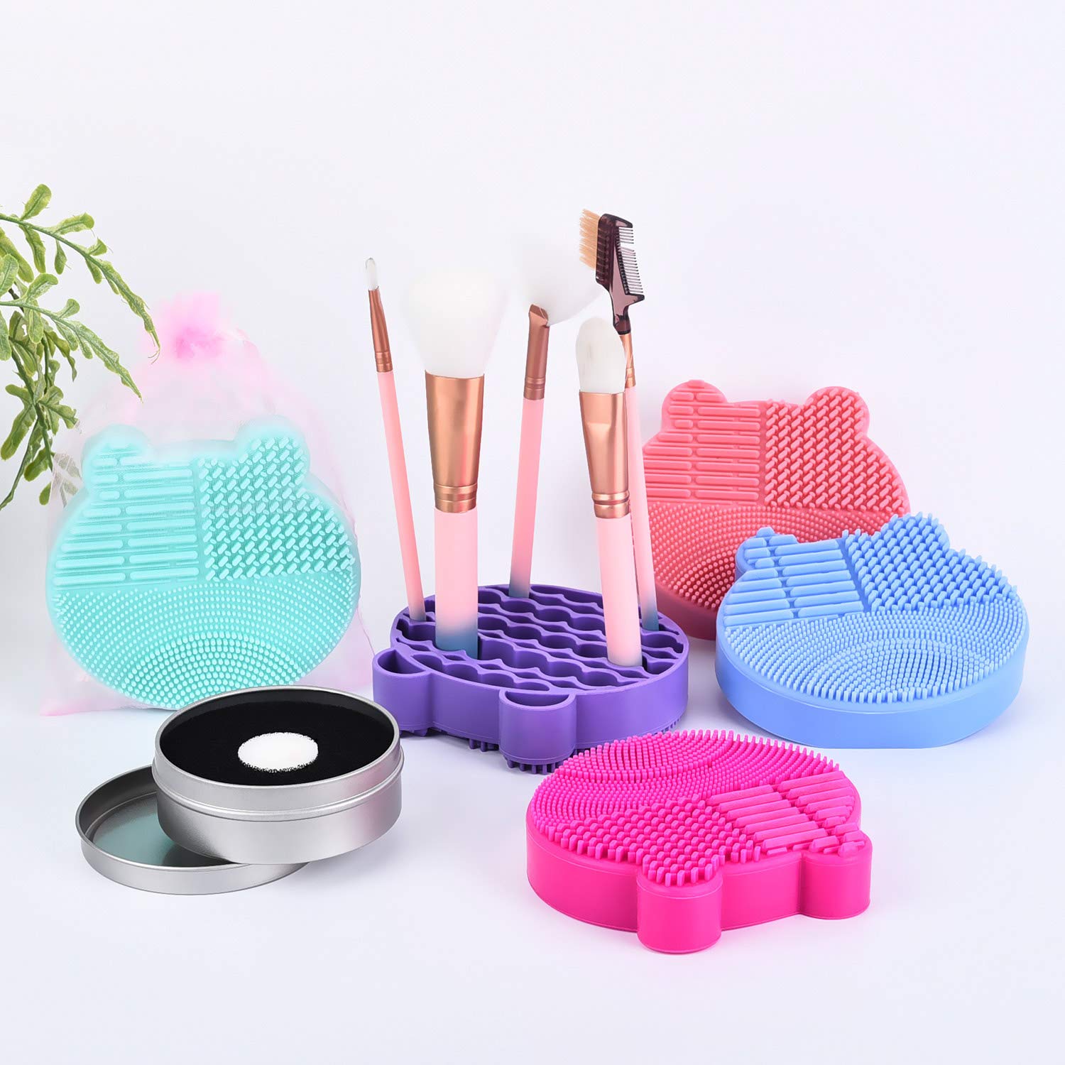 Silicon Makeup Brush Cleaner Mat with Brush Drying manual Make up brush cleaner cleanser machine Cosmetic Brush Cleaning Pad+Makeup Brush Dry Cleaned Quick Color Removal Sponge Scrubber Tool(Purple)