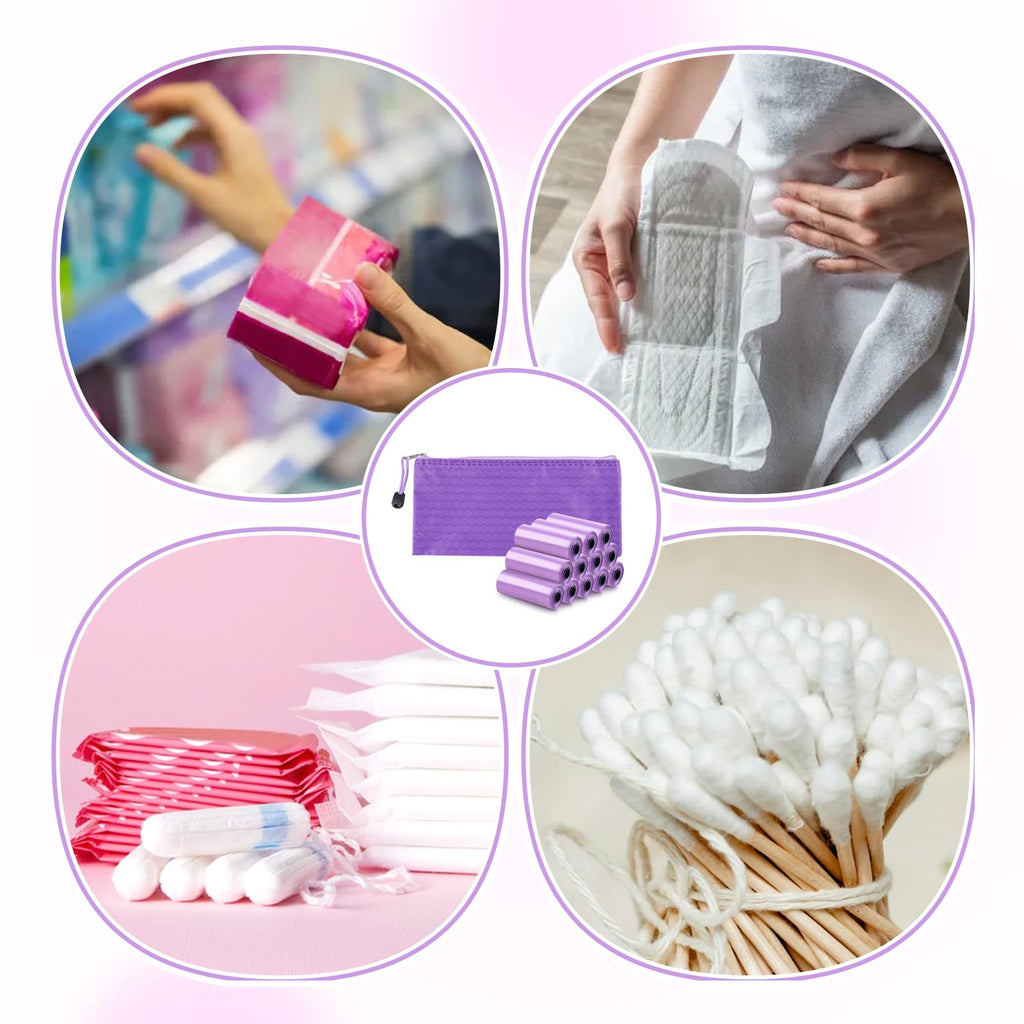 146Pcs Disposal Sanitary Napkin Bags, Purple Feminine Privacy Protection Sanitary Tampons Menstrual Liners Bag, Personal Disposal Hygiene Period Diapers Bag for Women (144pcs with 2pcs Zipper Bags)