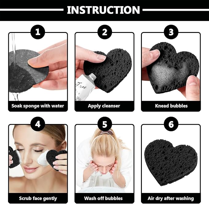 Nuenen 60 Pieces Facial Sponges with Container, Heart Shape Compressed Face Sponges Natural Cleaning Pads for Washing Face Cleaning Exfoliating Esthetician Makeup Removal(Black)