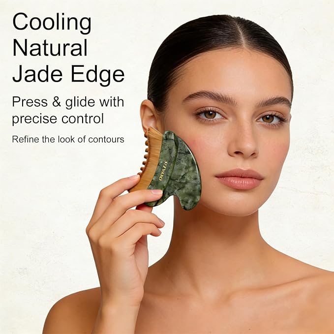 SEFVAKO Lymphatic Contour Face Brush, Dual-Ended Dry Brush + Cool-Touch Jade Gua Sha Edge, 0.075mm Ultra-Soft Bristles Gua Sha Facial Tools, for Lymphatic Drainage, Less Puffy Look, Sculpt & Relax