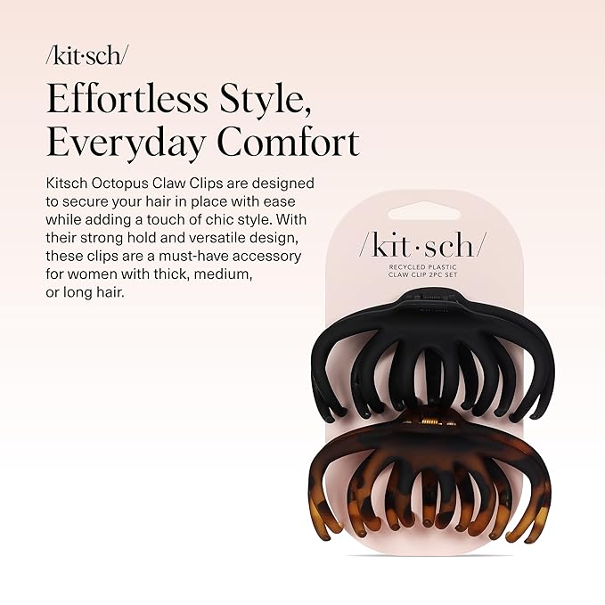 Kitsch Octopus Hair Clips - Large Claw Clips for Thick Hair, | Durable Recycled Plastic | Slip-Free Grip | Teen Girl Gifts Trendy Stuff - Classic Black & Tortoise, 2pcs
