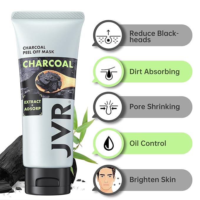 JVR Peel Off Face Mask, Charcoal Peel Off Black Mask, Facial Mask for Surface Cleansing For Men & Women, All Skin Types 2.12 OZ