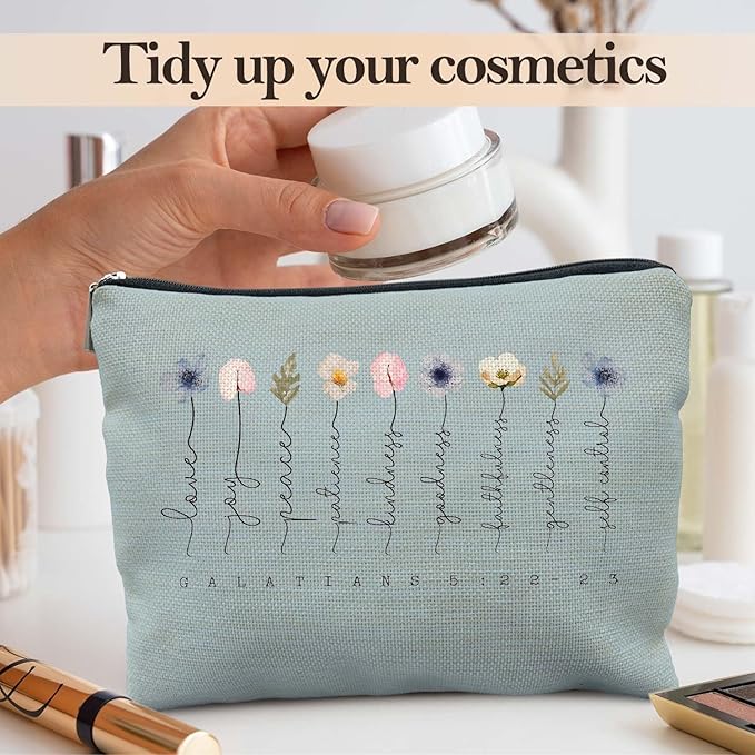 Likjad Christian Gifts Makeup Bag, Floral Christian Cosmetic Bags for Women, Galatians 5:22-23 Bible Verse Makeup Pouch, Faith Based Gifts Zipper Pouch(blue)