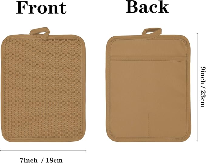 VEIKERY Oven Pot Holder with Pocket Cotton Heat Resistant Coaster Potholder Kitchen Hot Pad Oven Mitts for Cooking and Baking Square 7"x9" (Khaki, Silicone)