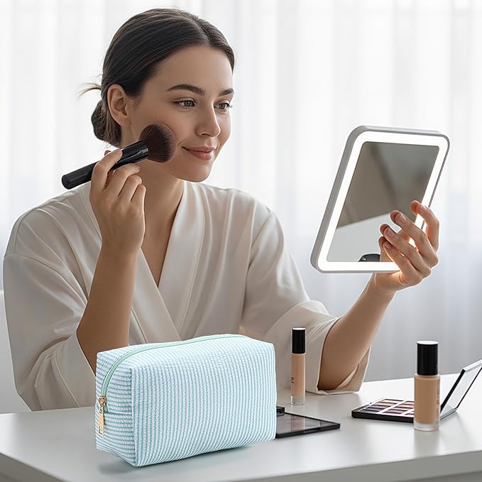 Sanwuta 6 Pcs Seersucker Cosmetic Bags Bulk Seersucker Makeup Bags Stripe Women Pouch Large Preppy Storage Pouch Toiletry Travel for Wedding Bridesmaid Bride Favor Back to Teacher Gift (Lake Blue)