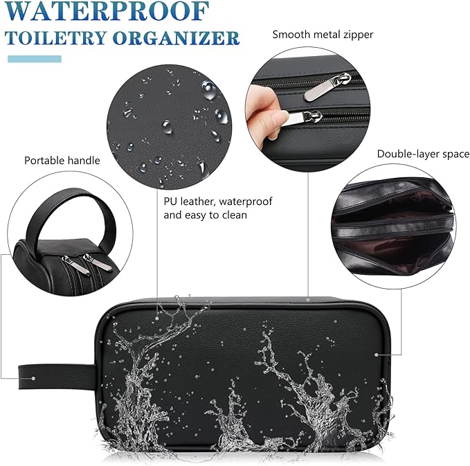 HappyDavid Soft PU Leather Zipped Travel Toiletry Bag Mens Ladies Supply Toiletry Bag Case(Black)