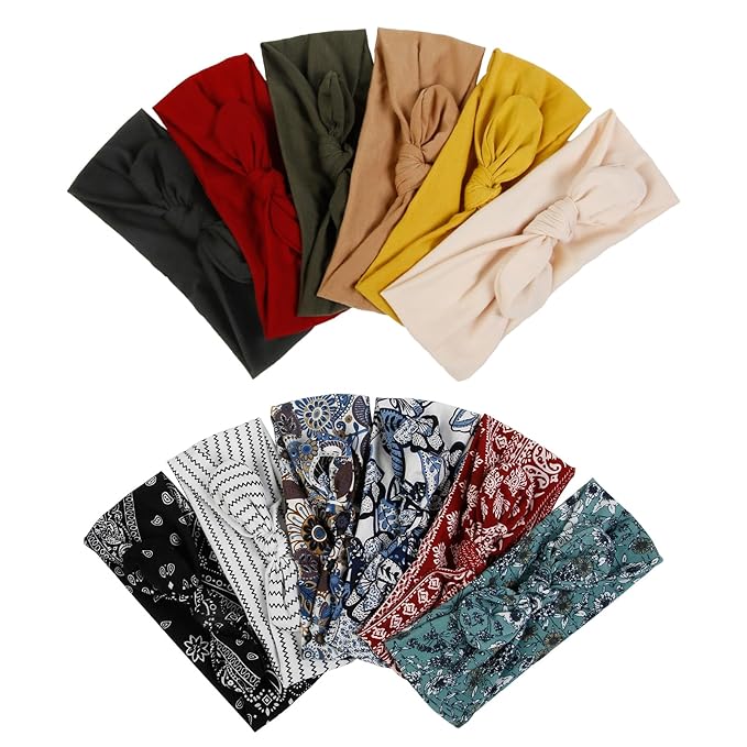 Huachi 12 Pack Bow Headbands for Women Headwraps Hair Band Knotted Headband Rabbit Ears Stretchy Turban Head Wraps Fashion Head band Sport Cute Hair Accessories (Bohemian colors)