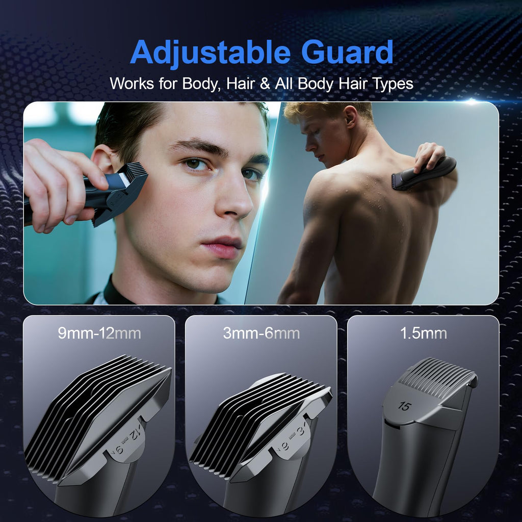Beard and Body Trimmer for Men with Ceramic Blade, Waterproof, with 3 Guide Combs(1.5/3/6/9/12mm), Multifunction Electric Razor for Men & Pubic Shaver, LED Display, Travel Lock, Black