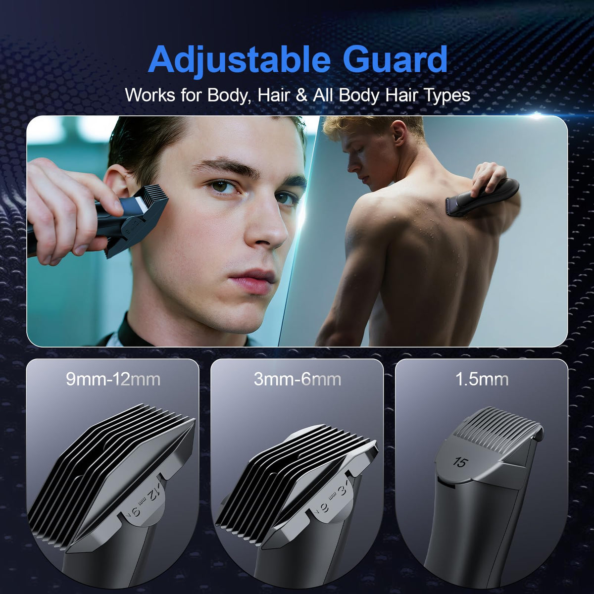 Beard and Body Trimmer for Men with Ceramic Blade, Waterproof, with 3 Guide Combs(1.5/3/6/9/12mm), Multifunction Electric Razor for Men & Pubic Shaver, LED Display, Travel Lock, Black