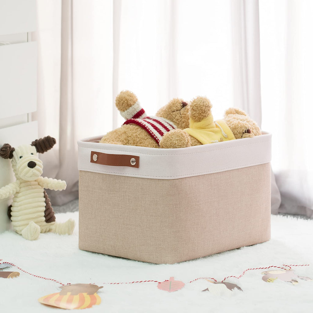 HNZIGE Fabric Storage Baskets for Shelves, Large Collapsible Storage Baskets for Organizing, Decorative Baskets Bins Set with Handles for Closet, Clothes,Home (3 Pack, White&Khaki,15" x 11" x 9.5")